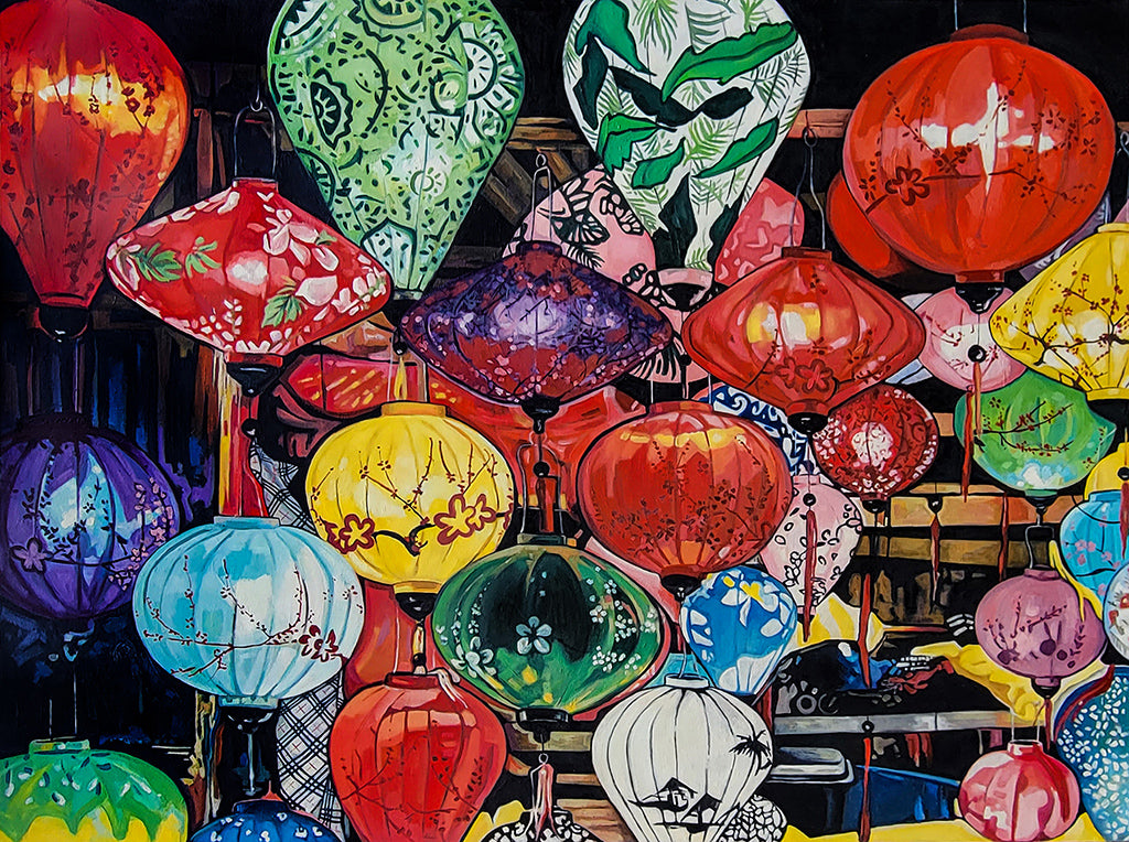Painting of lanterns from a night market in Hoi Ann called "Illuminating Traditions" by Raquel Aurini